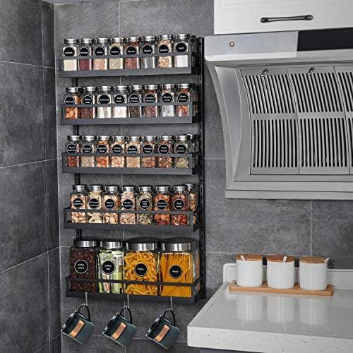  X-cosrack Wall Mount Spice Rack Organizer 5 Tier Height-Adjustable Hanging Spice Shelf Storage for Kitchen Pantry Cabinet Door, Dual-Use Seasoning Holder Rack with Hooks, Black-Pat