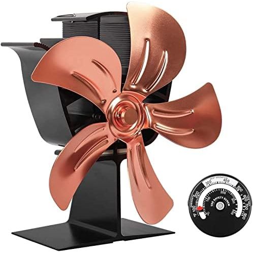  X-cosrack 5 Blades Heat Powered Stove Fan for Wood Log Burner Fireplace Slient Eco-Frienly Fan with Magnetic Thermometer Aluminium Gold