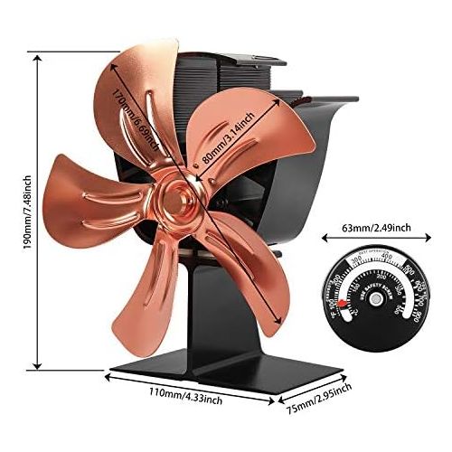  X-cosrack 5 Blades Heat Powered Stove Fan for Wood Log Burner Fireplace Slient Eco-Frienly Fan with Magnetic Thermometer Aluminium Gold