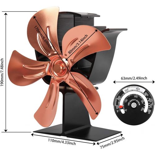  X-cosrack 5 Blades Heat Powered Stove Fan for Wood Log Burner Fireplace Slient Eco-Frienly Fan with Magnetic Thermometer Aluminium Gold