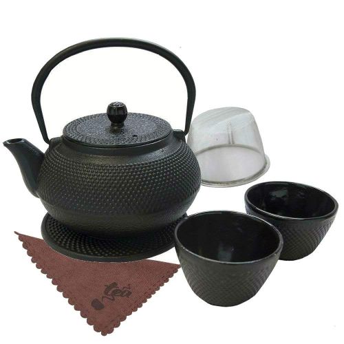  Xena Traditional Japanese Tea Kettle Iron Teapot Gift Set Cast 7 Piece Teacup Set with Trivet Stand Tray and Stainless Steel Strainer Tea Pot with Infuser
