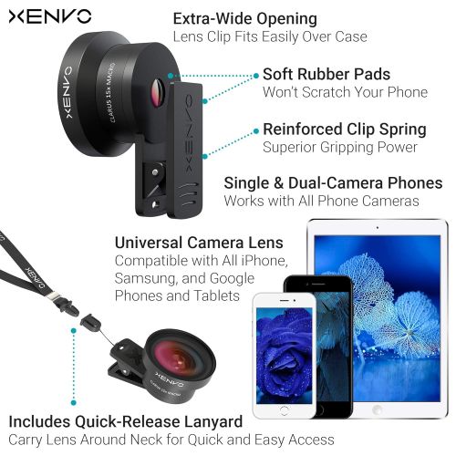  Xenvo Pro Lens Kit for iPhone and Android, Macro and Wide Angle Lens with LED Light and Travel Case