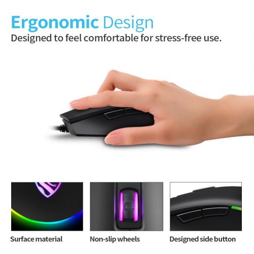  RGB Gaming Mouse Wired LED Mice, Xergur Backlit Optical USB Mouse with 8 Programmable Buttons, Comfortable Hand Feeling Mouse for Laptop PC Computer Gamer (Black)