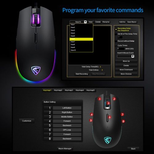  RGB Gaming Mouse Wired LED Mice, Xergur Backlit Optical USB Mouse with 8 Programmable Buttons, Comfortable Hand Feeling Mouse for Laptop PC Computer Gamer (Black)