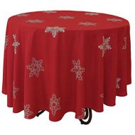 Xia Home Fashions Snowy Noel Embroidered Snowflake Christmas Round Tablecloth, 70, Red and White