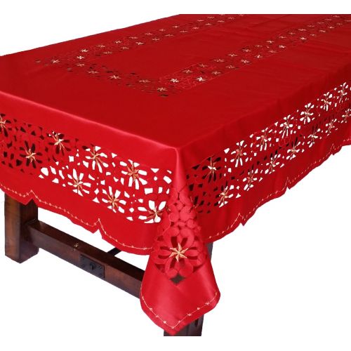  Xia Home Fashions Red Pattern with Holiday Star Embroidered Cutwork Tablecloth, 72-Inch by 120-Inch