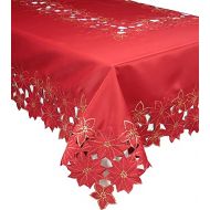 Xia Home Fashions Festive Poinsettia Embroidered Cutwork Christmas Tablecloth, 70 by 144-Inch
