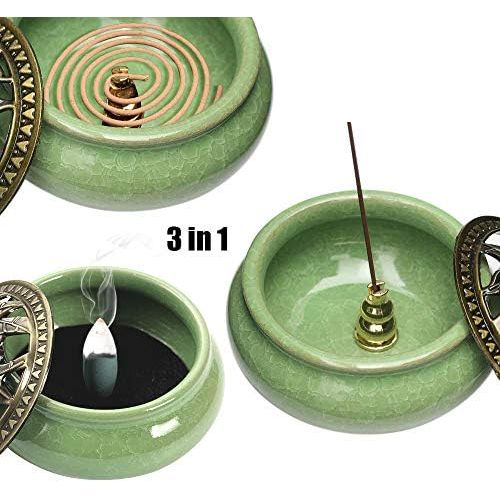  인센스스틱 Xiao Ceramic Stick Incense Burner and Cone Incense Stick Holder Ash Catcher with Brass lid for Home Decor Yoga Spa Meditation (Blue)