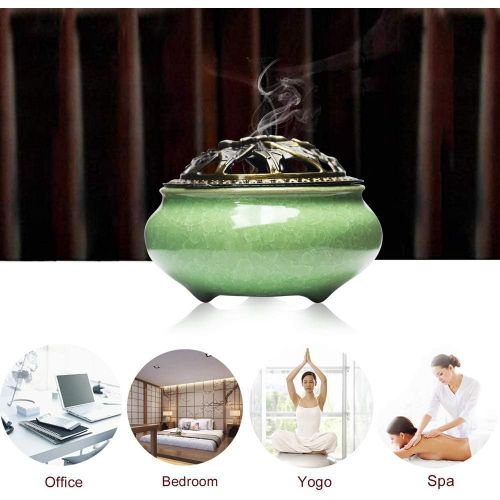  인센스스틱 Xiao Ceramic Stick Incense Burner and Cone Incense Stick Holder Ash Catcher with Brass lid for Home Decor Yoga Spa Meditation (Blue)