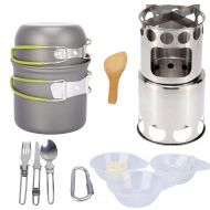 Xiao Tian Outdoor Hiking Camping Pot Set,with Wood Stove, Tableware, Suitable for 2-3 People to use,Fruit Green Handle