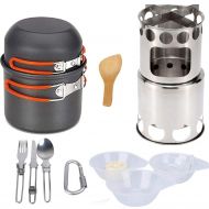 Xiao Tian Outdoor Hiking Camping Pot Set,with Wood Stove, Tableware, Suitable for 2-3 People to use,Orange Handle