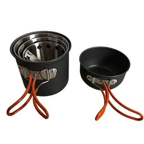  Xiao Tian Outdoor Hiking Camping Pot Set,with Wood Stove, Tableware, Suitable for 2-3 People to use,Orange Handle