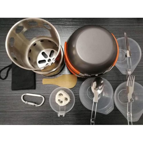  Xiao Tian Outdoor Hiking Camping Pot Set,with Wood Stove, Tableware, Suitable for 2-3 People to use,Orange Handle