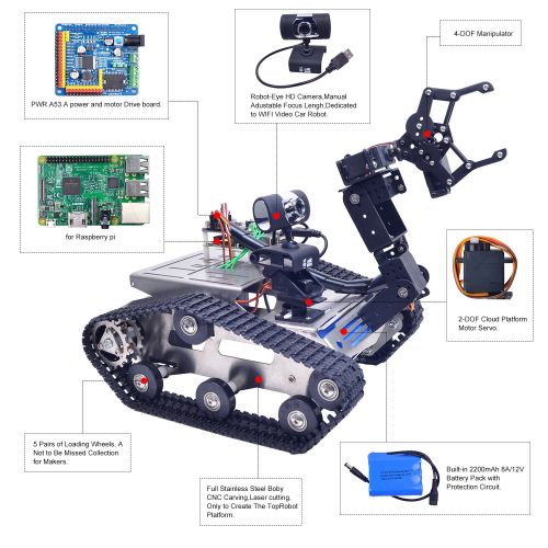  XiaoR Geek WiFi Manipulator Smart Robot car kit for Raspberry Pi,Tank Chassis FPV Camera Programable Robotics Vehicle Kit with 8Gb TF Card by iOS Android PC Controlled