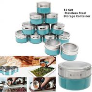 Xiaolanwelc@ 12PCS Magnetic Spice Tin Jars Stainless Steel Seasoning Sauce Storage Container Clear Lid Kitchen Condiment Holder Kitchenware (Blue)