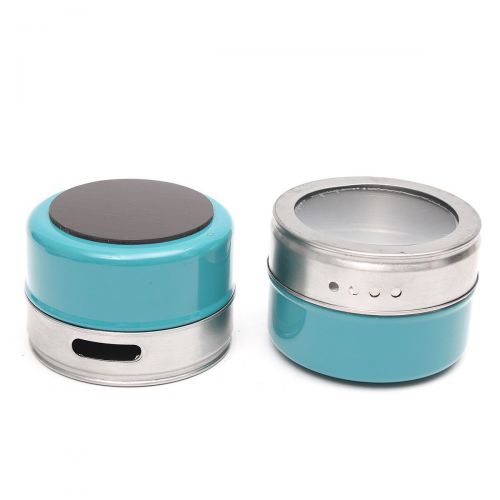  Xiaolanwelc@ 12PCS Magnetic Spice Tin Jars Stainless Steel Seasoning Sauce Storage Container Clear Lid Kitchen Condiment Holder Kitchenware (Blue)