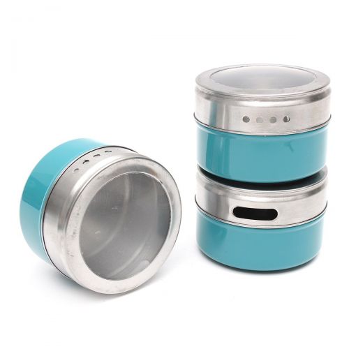  Xiaolanwelc@ 12PCS Magnetic Spice Tin Jars Stainless Steel Seasoning Sauce Storage Container Clear Lid Kitchen Condiment Holder Kitchenware (Blue)