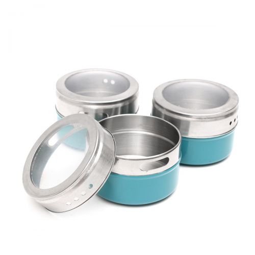  Xiaolanwelc@ 12PCS Magnetic Spice Tin Jars Stainless Steel Seasoning Sauce Storage Container Clear Lid Kitchen Condiment Holder Kitchenware (Blue)