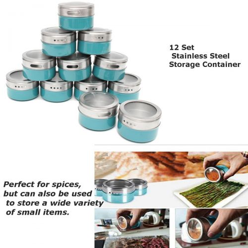  Xiaolanwelc@ 12PCS Magnetic Spice Tin Jars Stainless Steel Seasoning Sauce Storage Container Clear Lid Kitchen Condiment Holder Kitchenware (Blue)