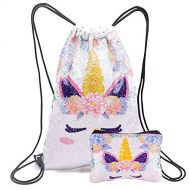 Xiaowli Unicorn Gifts Magic Reversible Sequin Drawstring Backpack with Unicorn Pouch Sets Mermaid School Dance Bags for Girls (C Silver)