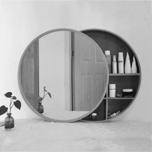  Xing Hua Shop Wall-Mounted Mirror Bathroom Mirror Cabinet Bathroom Mirror with Shelf Locker Wall-Mounted Makeup Vanity Round Mirror (Color : Wood Color, Size : 70cm)