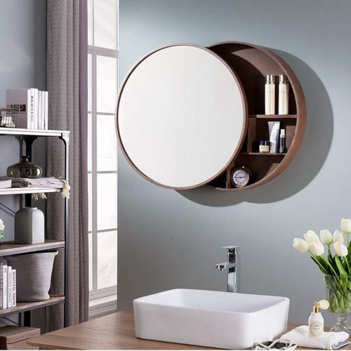  Xing Hua Shop Wall-Mounted Mirror Bathroom Mirror Cabinet Bathroom Mirror with Shelf Locker Wall-Mounted Makeup Vanity Round Mirror (Color : Wood Color, Size : 70cm)