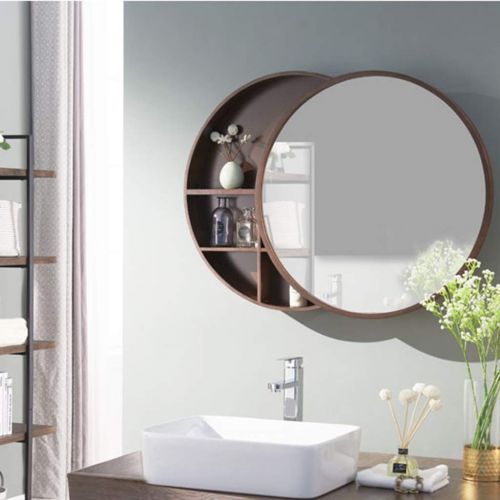  Xing Hua Shop Wall-Mounted Mirror Bathroom Mirror Cabinet Bathroom Mirror with Shelf Locker Wall-Mounted Makeup Vanity Round Mirror (Color : Wood Color, Size : 70cm)