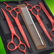 Xinjiahe 5 pcs Pet Scissors Set, 7 inches Pet Stainless Steel Curved Thinning Shears Grooming Scissors Sets with Grooming Comb and Scissor Bag