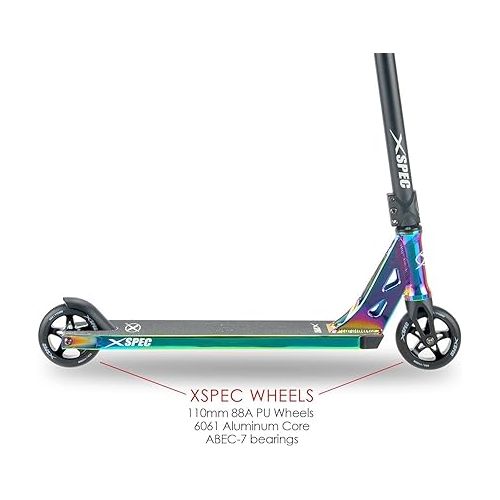  Xspec Pro Stunt Kick Scooter with Freestyle BMX Handlebars, Neo Chrome Rainbow Trick Scooter, with 110mm Wheels & ABEC-7 - (Anodized Neo Chrome Purple/Blue or Matte Black)