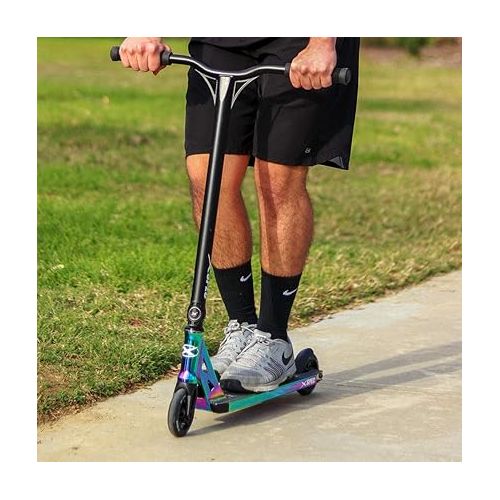  Xspec Pro Stunt Kick Scooter with Freestyle BMX Handlebars, Neo Chrome Rainbow Trick Scooter, with 110mm Wheels & ABEC-7 - (Anodized Neo Chrome Purple/Blue or Matte Black)