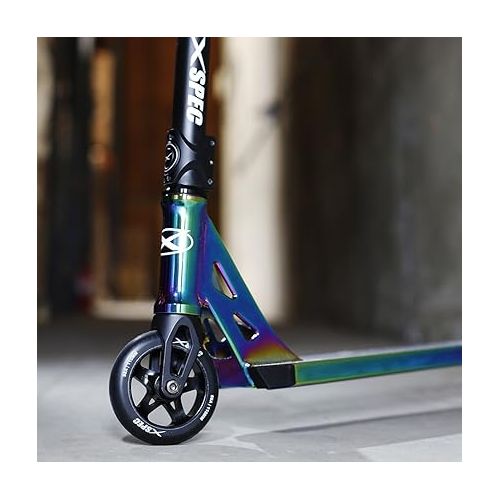  Xspec Pro Stunt Kick Scooter with Freestyle BMX Handlebars, Neo Chrome Rainbow Trick Scooter, with 110mm Wheels & ABEC-7 - (Anodized Neo Chrome Purple/Blue or Matte Black)