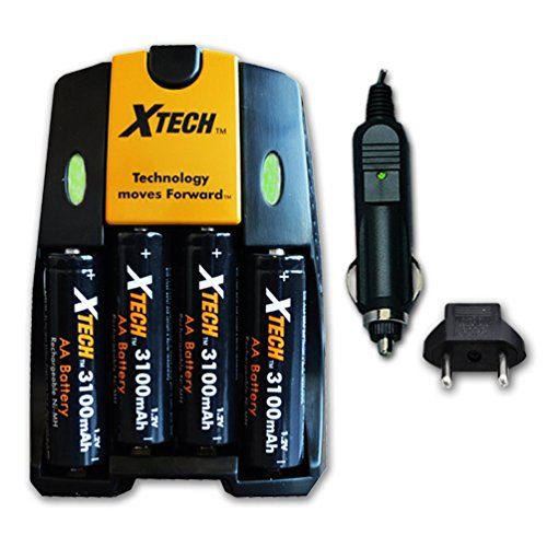 엑스테크 Xtech 4 AA High Capacity NiMH Rechargeable Batteries 3100mAh Plus AC/DC Quick Charger for Canon PowerShot SX130 is
