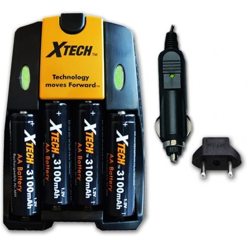 엑스테크 Xtech 4 AA High Capacity NiMH Rechargeable Batteries 3100mAh Plus AC/DC Quick Charger for Canon PowerShot SX130 is