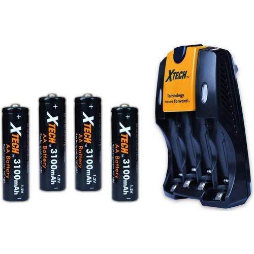 엑스테크 Xtech 4 AA High Capacity NiMH Rechargeable Batteries 3100mAh Plus AC/DC Quick Charger for Canon PowerShot SX130 is