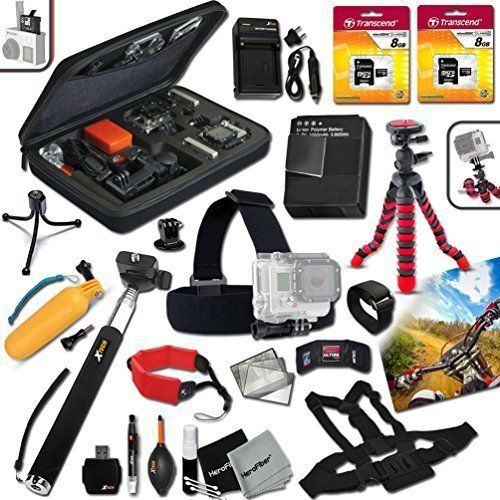 엑스테크 Xtech Premium Accessory Kit for GoPro HERO4 Hero 4 Digital Camera Includes Head Strap Mount, Chest Strap Mount, 12” inch Highly Flexible Tripod, 16GB High Speed Memory Card + High