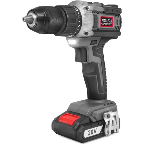  XtremepowerUS Pro-Series 20V Brushless Cordless Drill, Drill Driver 2000mAh Batteries, 500 In-lbs Torque, 12+1 Torque Setting, Fast Charger 2.0A, 0-1600RPM Variable Speed