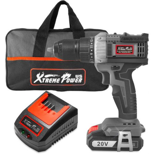  XtremepowerUS Pro-Series 20V Brushless Cordless Drill, Drill Driver 2000mAh Batteries, 500 In-lbs Torque, 12+1 Torque Setting, Fast Charger 2.0A, 0-1600RPM Variable Speed