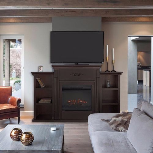  XtremepowerUS Barton 70 Media Freestanding Mantel TV Stand for Insert Fireplace with Bookcase Shelf (Espresso, Stand only)