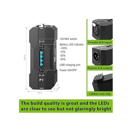  Xvive P1 Phantom Power Supply 48V/12V Switch,Up to 40 Hours of Use,Rechargeable Portable Phantom Power for Condenser/Shotgun Microphones, Mic Preamp, Recording Studios