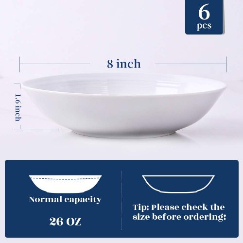  Y YHY 26 Ounces Porcelain Pasta Salad Bowls, White Soup Bowl Set, Wide and Shallow, Set of 6, Spiral Pattern