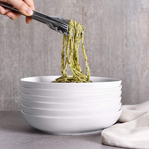  Y YHY 30oz Porcelain Pasta/Salad Bowls, Large Serving Bowl Set, Wide & Flat, Set of 6, White