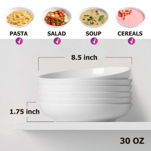  Y YHY 30oz Porcelain Pasta/Salad Bowls, Large Serving Bowl Set, Wide & Flat, Set of 6, White