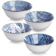 Y YHY Cereal Bowls, Ceramic Bowls for Soup, Salad, Pasta, Rice, 24 Ounces Ramen Bowls, Microwave Dishwasher Safe, Assorted Blue White Patterns, Set of 4