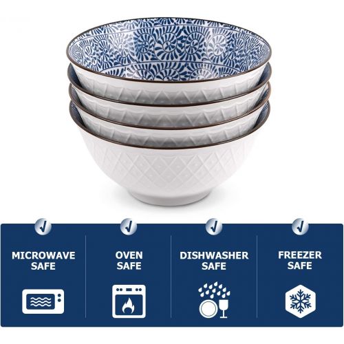 Y YHY Cereal Bowls, Ceramic Bowls for Soup, Salad, Pasta, Rice, 24 Ounces Ramen Bowls, Microwave Dishwasher Safe, Assorted Blue White Patterns, Set of 4