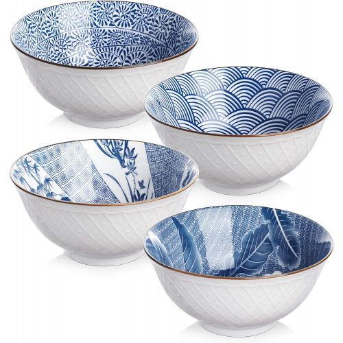  Y YHY Cereal Bowls, Ceramic Bowls for Soup, Salad, Pasta, Rice, 24 Ounces Ramen Bowls, Microwave Dishwasher Safe, Assorted Blue White Patterns, Set of 4