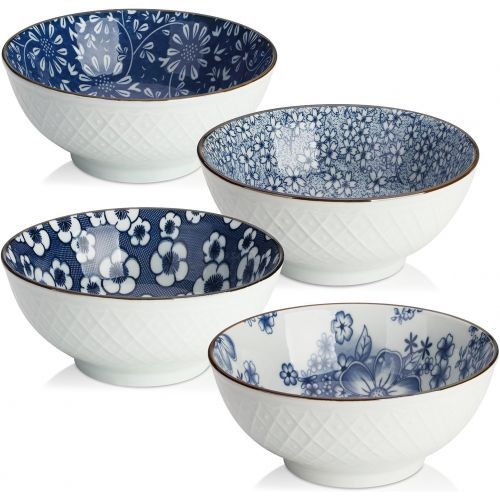  Y YHY Ceramic Bowls, Japanese Rice Bowl, Cereal Bowls for Kitchen, 16oz Blue Bowl Set of 4, Assorted Designs, Microwave and Dishwasher Safe