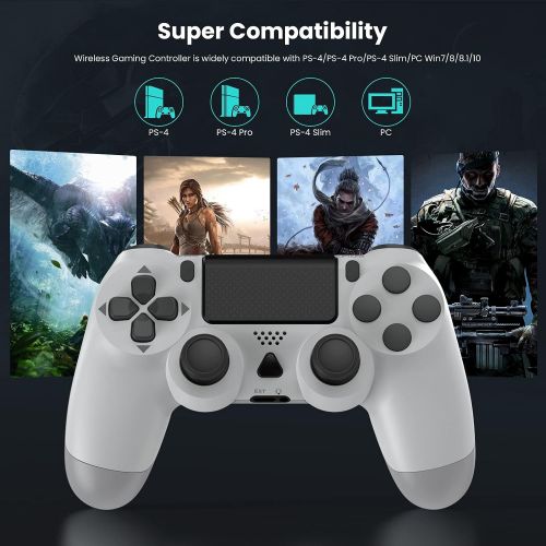  YAEYE Wireless Controller for PS4, 1000mAh PS4 Gamepad Joystick for PS4/Pro/Slim Console with Dual Vibration Bluetooth Connection and 6-axis Gyro Sensor Touchpad (White)