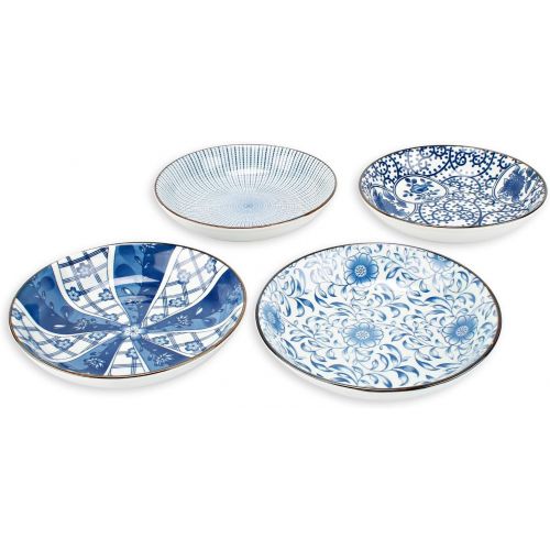  YALONG 7 inch Ceramic Assorted Motifs Floral Blue Plate Set, Shallow Porcelain Plates, Pasta Bowls Set of 4, Serving Dinner Bread Butter Dinner Appetizer Salad Floral Dessert Snack