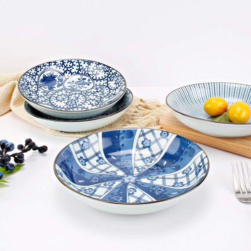  YALONG 7 inch Ceramic Assorted Motifs Floral Blue Plate Set, Shallow Porcelain Plates, Pasta Bowls Set of 4, Serving Dinner Bread Butter Dinner Appetizer Salad Floral Dessert Snack