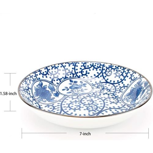  YALONG 7 inch Ceramic Assorted Motifs Floral Blue Plate Set, Shallow Porcelain Plates, Pasta Bowls Set of 4, Serving Dinner Bread Butter Dinner Appetizer Salad Floral Dessert Snack